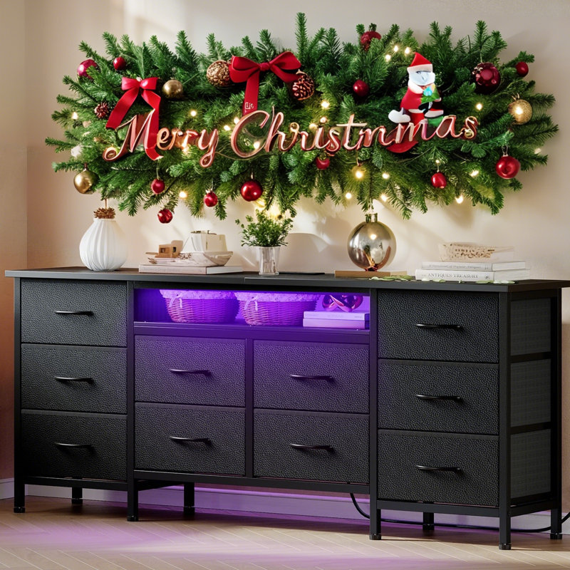 63" Long Dresser with 10 Drawers, LED Light & Charging Station, Wide Storage Organizer Cabinet for Bedroom, Closet, Living Room