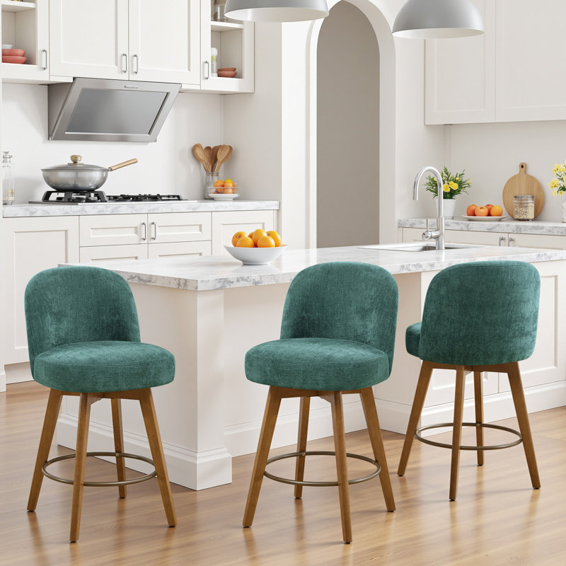 Tabouret de comptoir pivotant 26 po 3PCS avec structure en bois massif et dossier moyen, Vert foncé / chenille, 3