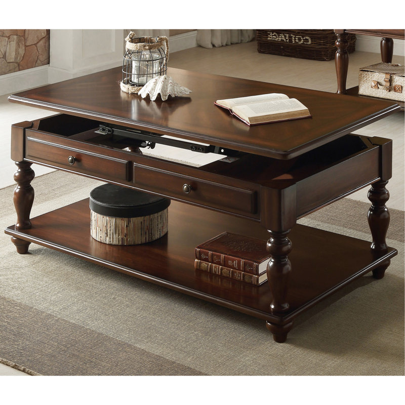 Table basse rectangulaire à plateau relevable en noyer avec tablette ouverte pour espace de rangement et espace supplémentaire