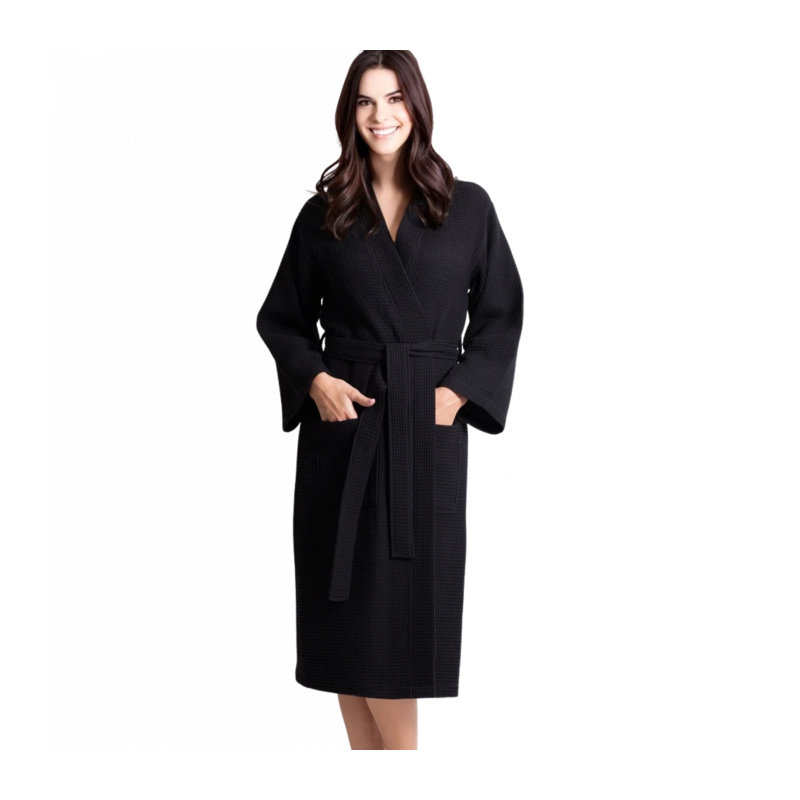 Peignoir mi-mollet 100% coton gaufré avec poches, Noir