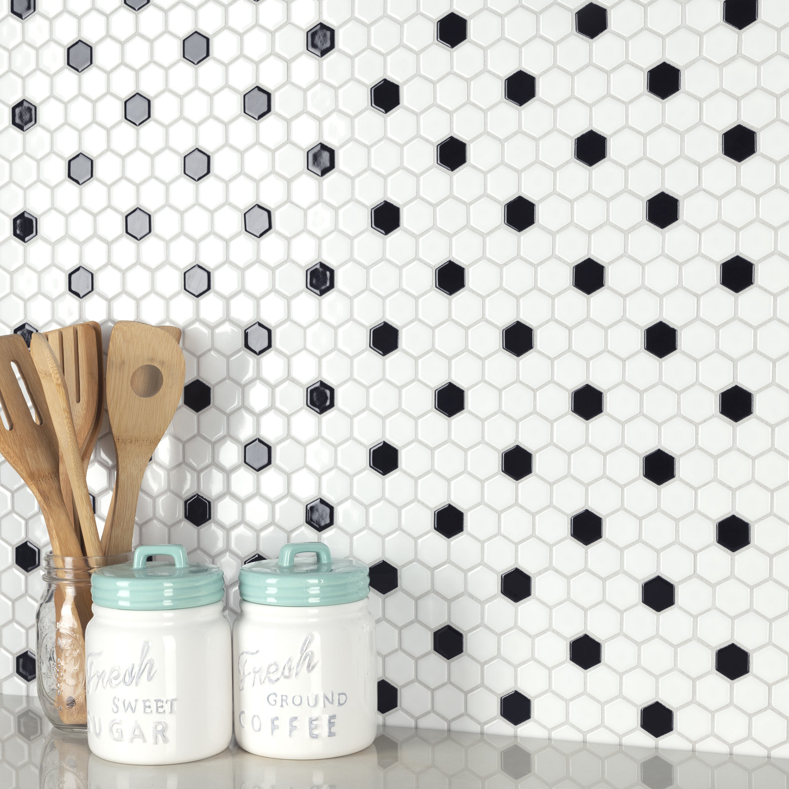 Metro 1" Hex Glossy White with Black Dot 10-1/4" x 11-7/8" Porcelain Mosaic Floor and Wall Tile