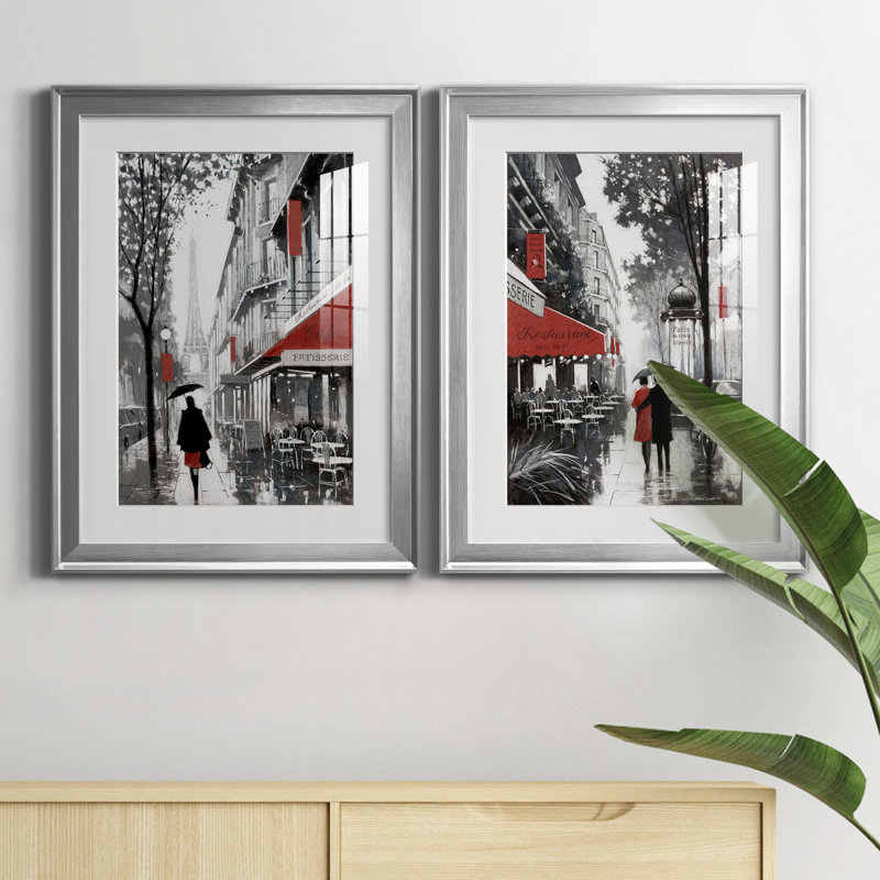 «Rainy Paris I», ensemble de 2 reproductions d'art, Blanc, H 18,5 po x l 49 po x P 1,5 po, Papier avec cadre argenté