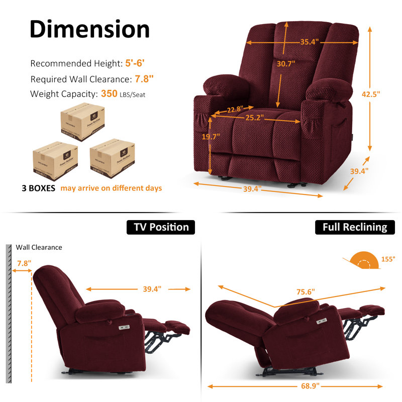 25.2" Seat Width Zero Gravity Power Recliner Chair with Heating and Vibration Massage, Burgundy