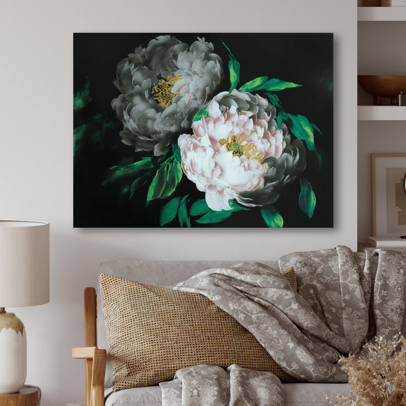 «White Blossoming Peony on Black I», reproduction sur toile, L 20 po x H 12 po, Toile tendue