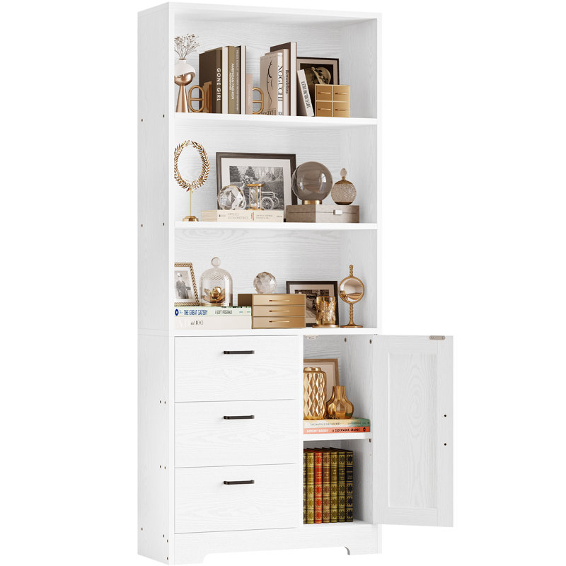 Bibliothèque moderne en bois de style moderne H 71 "avec porte et 3 tiroirs, tablettes ouvertes à 3 niveaux, Blanc