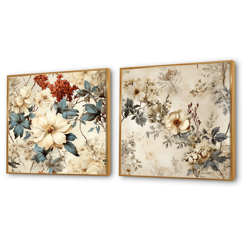 Ensemble de 2 bricoles rétro vintage à motif floral campagnard beige, H 36 po x l 73 po, Cadre flottant doré