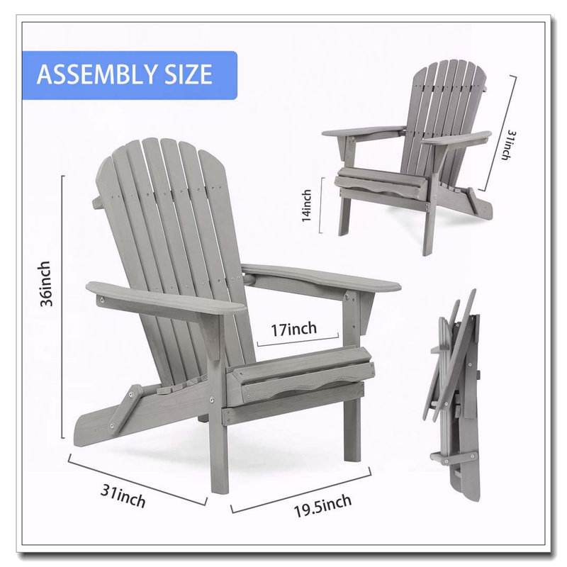 Solid Wood Folding Adirondack Chair Set of 2, Weather-Resistant Outdoor Lounge with Foldable Design, Gray