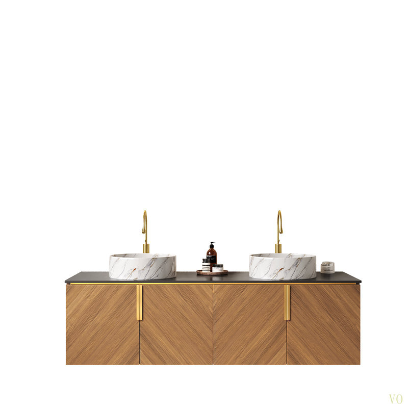 Ensemble de meuble-lavabo mural 60 po avec 4 portes et 2 lavabos ronds en céramique avec comptoir en pierre Sinte