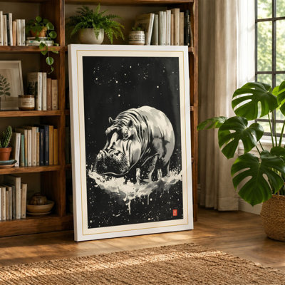 Hippopotamus Under Stars Japandi - Wrapped Canvas