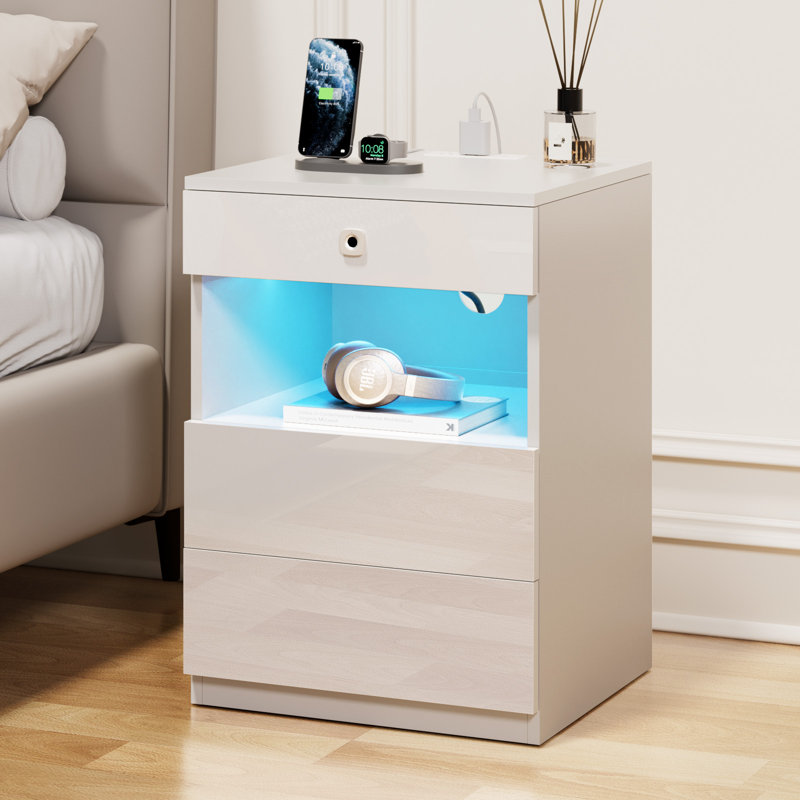 Nightstand With LED Lights & Power Outlet & Fingerprint Lock, White