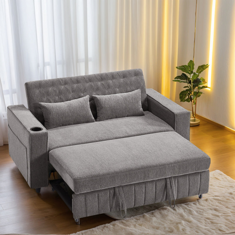 61" Convertible Pull-Out Sleeper Sofa Bed – Modern Loveseat With Adjustable Backrest & Built-In Storage, Gray