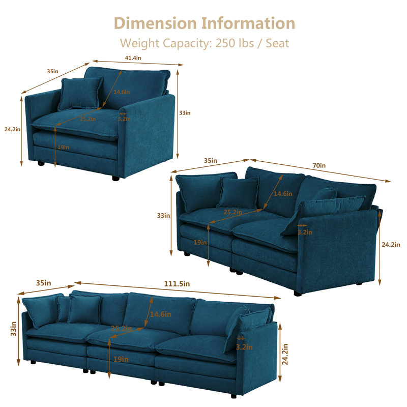 Ensemble de canapés modernes en tissu d'ameublement en chenille, 3 places, 2 causeuses et 1 canapé simple