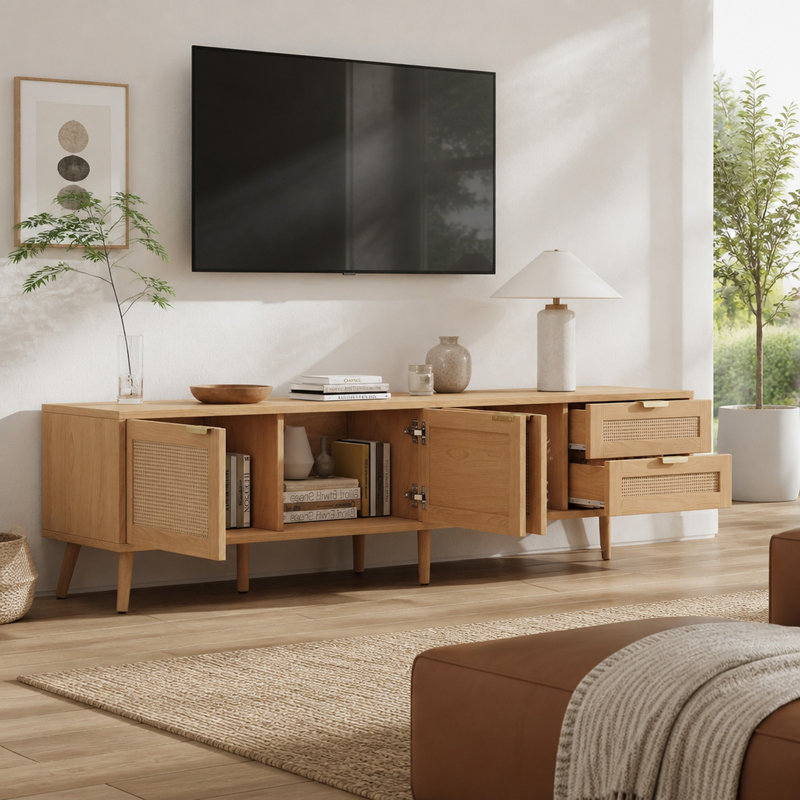 Meuble télé moderne de 70 po avec portes en rotin, console multimédia avec 2 tiroirs et système de gestion des câbles pour salon