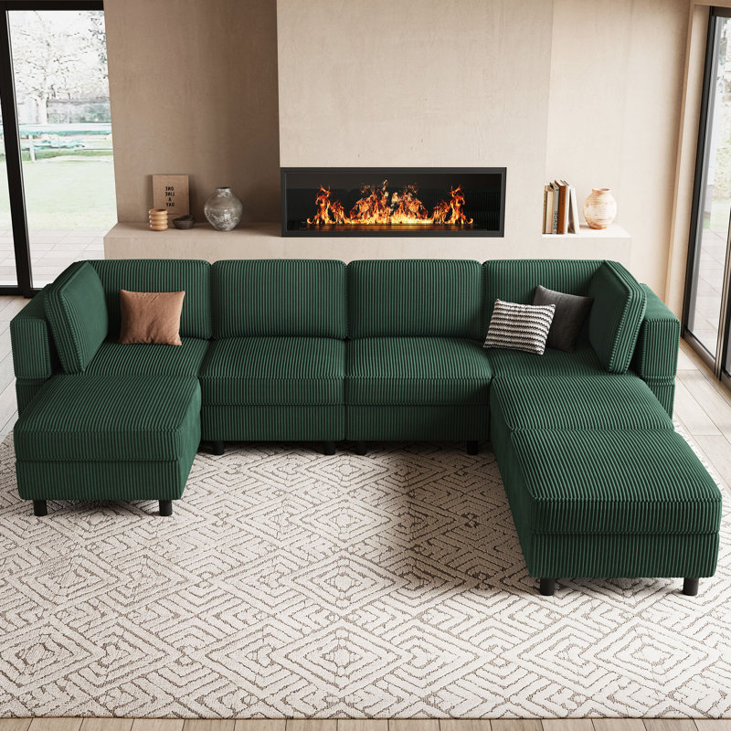 U Shaped Modular Sectional Sectional Sofa With Chaise & Ottoman, Green Corduroy