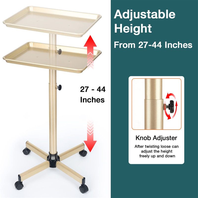Champagne Gold Adjustable Aluminum Salon Tray with Wheels