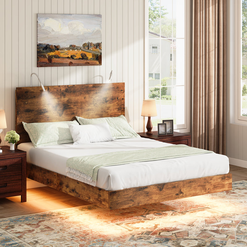 Wooden floating bed frame with LED lights,Platform Bed Frame with Reading Light Headboard, Queen