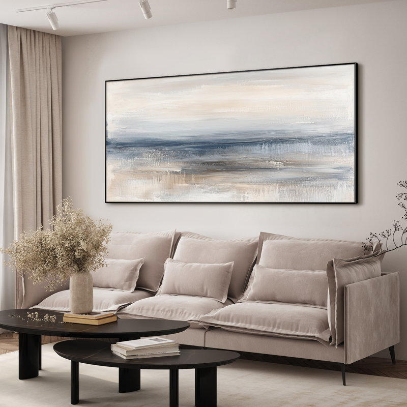 Extra Large Wall Art Fabric Print - Soft Coastal Horizon Line Abstract Scene Artwork Decor for Living Room or Bedroom - "Frame Assembly Required (Unfinished Frame)"