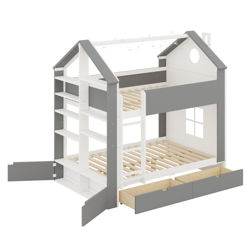 Lit superposé House avec tiroirs de rangement, tablettes et bande lumineuse, design moderne, Lit double, Blanc + gris