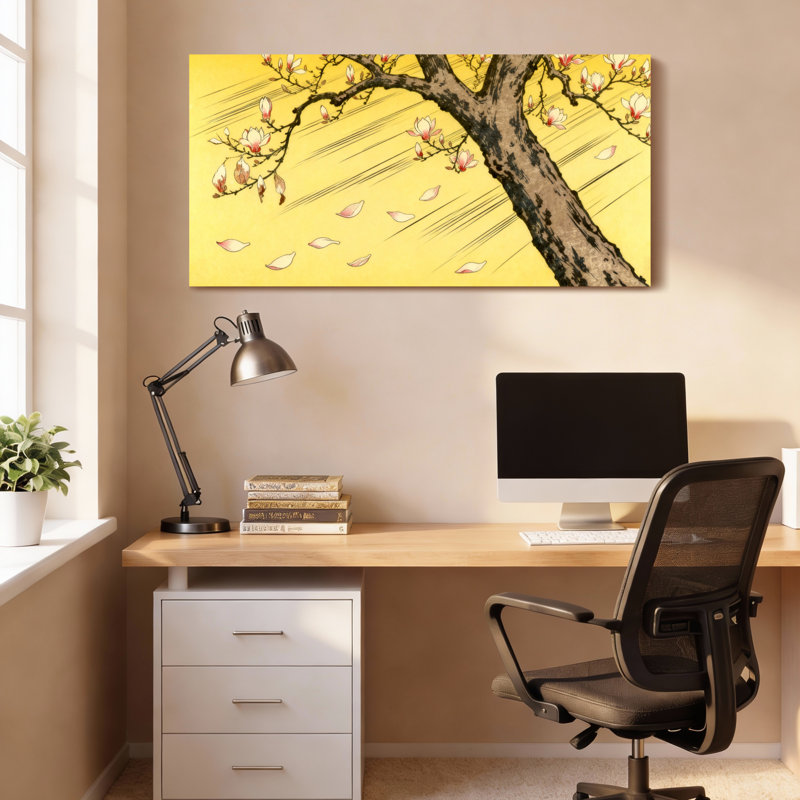 Ensemble d'une toile tendue représentant un magnolia en fleurs, H 24 po x l 48 po