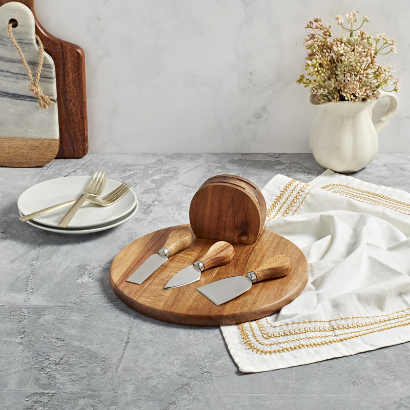 Tabletops Gallery Tabletops Gallery Acacia Wood 5-piece Round Serving Board Set with Cheese Knives and Holding Block