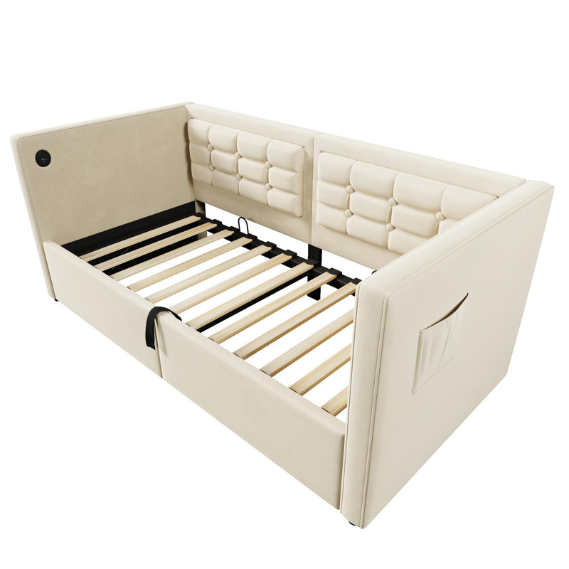 Base de lit à rangement hydraulique avec USB et lit de jour de type C, Beige
