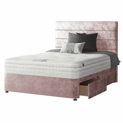 Kiara Stripped Floor Standing Headboard with Divan Base Crush Velvet and Metal Feet