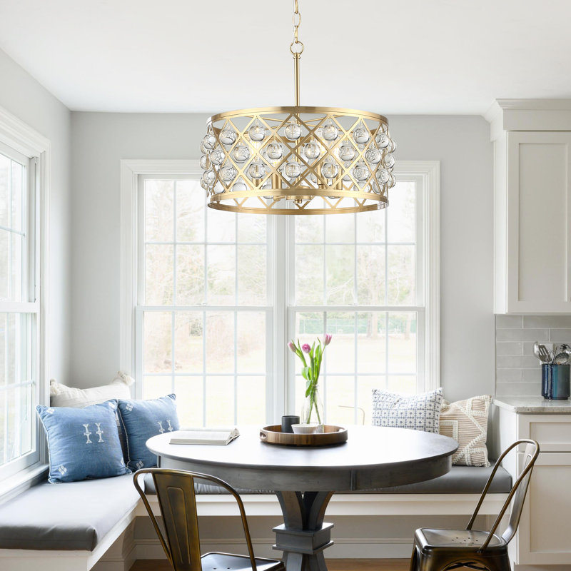  Lustre tambour 4 lumières avec gouttes en cristal, Doré
