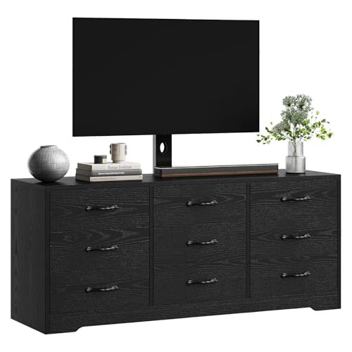 Meuble télé avec support, meuble télé 9 tiroirs en bois avec réglage pour téléviseurs de 32 à 85 po, grand meuble multimédia pour salon, chambre à coucher