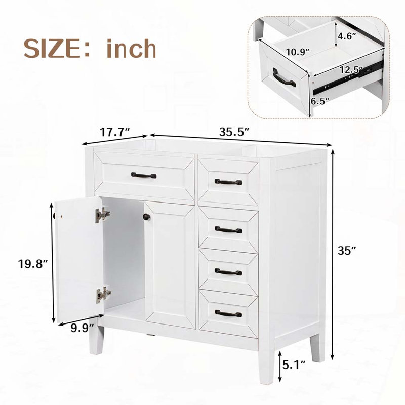 Meuble-lavabo 36 po sans lavabo, base d'armoire seulement, armoire de salle de bain avec tiroirs, structure solide et panneau de fibres à densité moyenne