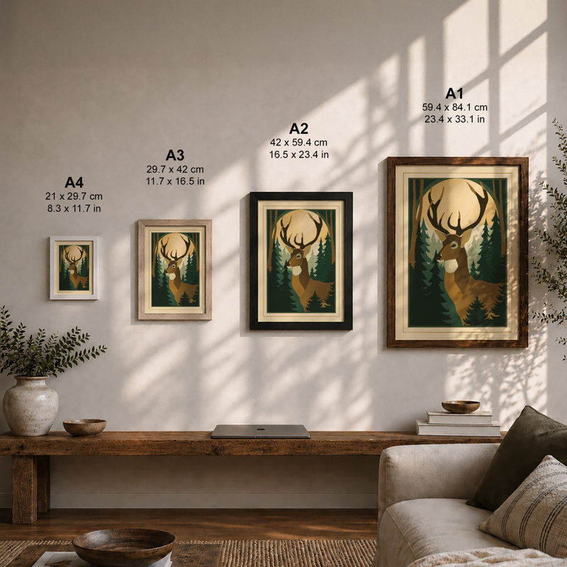 Forest Deer Scandinavian - Framed Print, Walnut, A3 - 42.0 x 29.7 cm