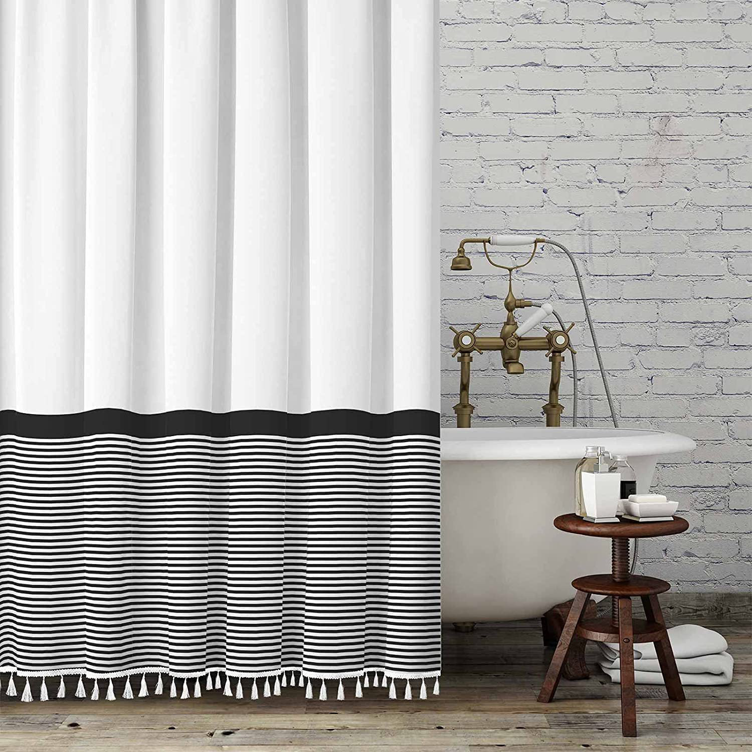 Latitude Run® Farmhouse Fabric Shower Curtain, 84 Inch Extra Long Tassel  Striped Bathroom Shower Curtain,Black White Bath Curtain Sets,72 X 84 | ..., image size:1500x1500
