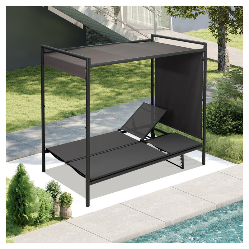 Double chaise longue d'extérieur avec auvent réglable - Lit de jour de patio en métal avec dossier à 5 positions et coussins pour la piscine, le jardin et le balcon