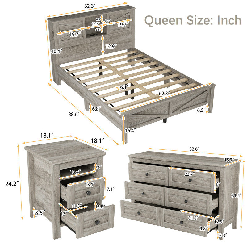 Farmhouse Bedroom Set, 3 Piece Bedroom Set with Charging Station, Queen, Antique Gray