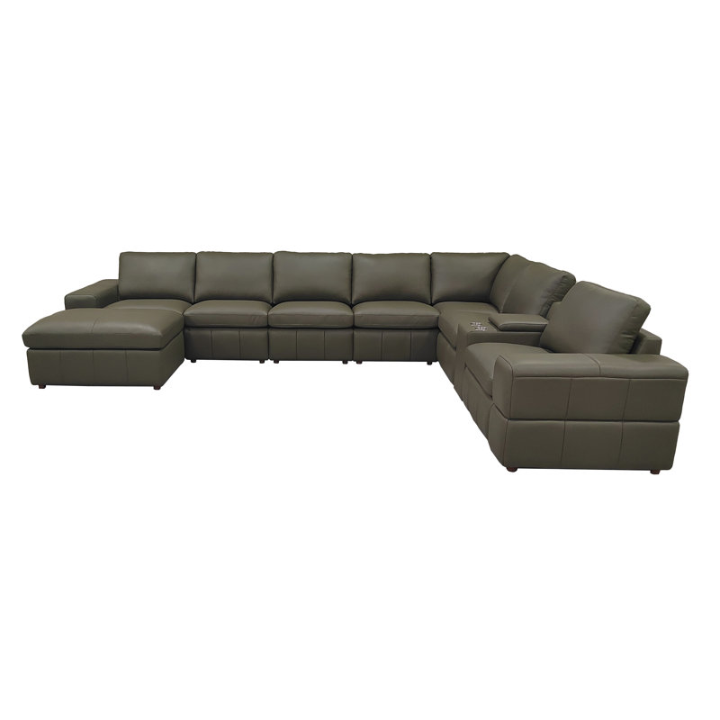 Setemhotep Leather Match Large Seating Modular Sectional, 33" H x 159" W x 115.5" D, Olive Green Leather Match