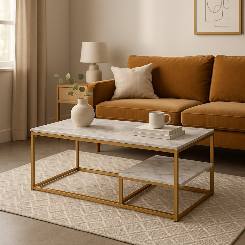 Carbone Modern Marble Effect Coffee Table with Lower Shelf Storage and Brass-Finish Frame