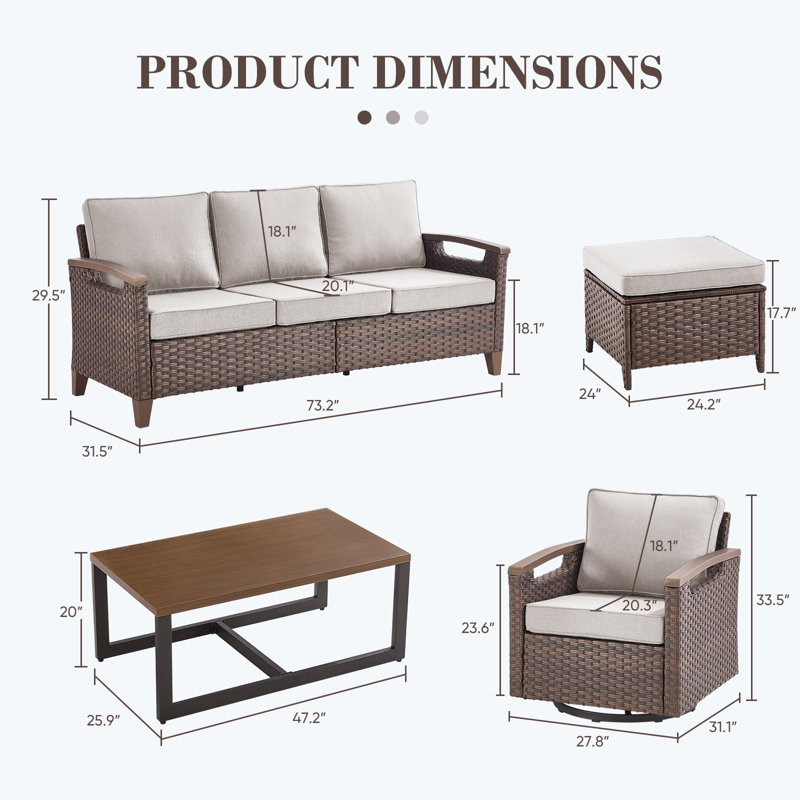 Arundel 6-Pieces Outdoor Patio Wicker Furniture Conversation Set With Coffee Table, Beige