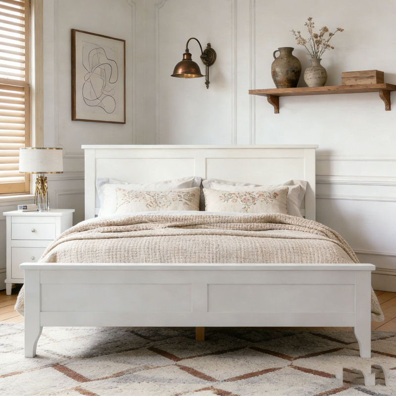 Modern Solid Wood Platform Bed, White, King