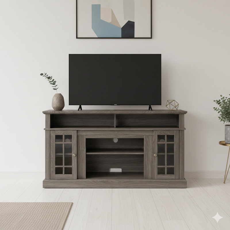 Console de divertissement classique classique au fini noyer foncé / noir, offrant un rangement ouvert et fermé pour les téléviseurs jusqu'à 65 pouces. Mesure l 58,25 po x P 15,75 po x H 32 po.