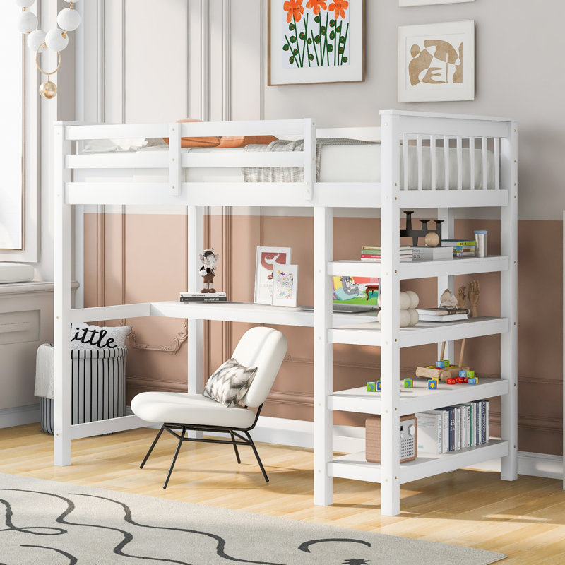 Lit mezzanine avec tablettes de rangement, Lit simple, Blanc