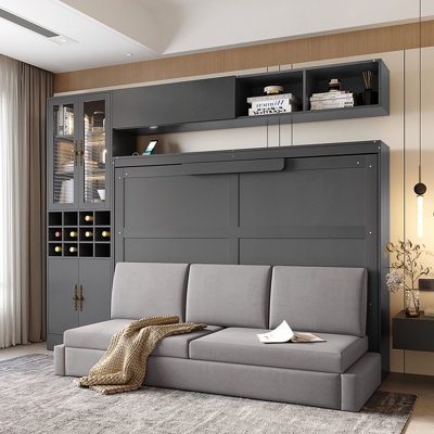 Lit escamotable double pleine grandeur avec canapé, tablettes USB et lumière