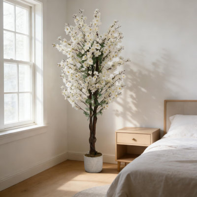 Artificial Wintersweet Tree Plant with White Planter and Lifelike White Plum Blossom for Indoor and Outdoor