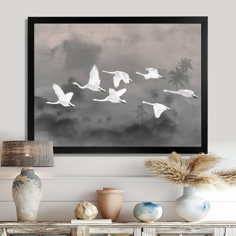 Blanc, cygnes émigrants vers la baie de Chesapeake, H 12 po x l 20 po, Picture Framed, Noir