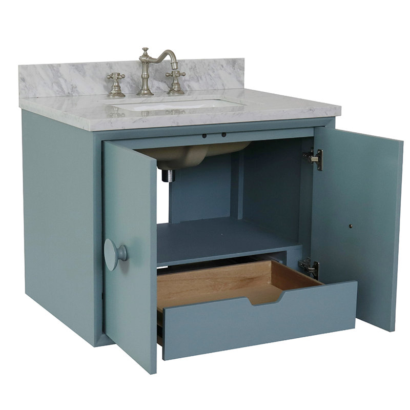Ensemble de meuble-lavabo mural simple 31 po Crumley, Bleu aqua / blanc Carrara