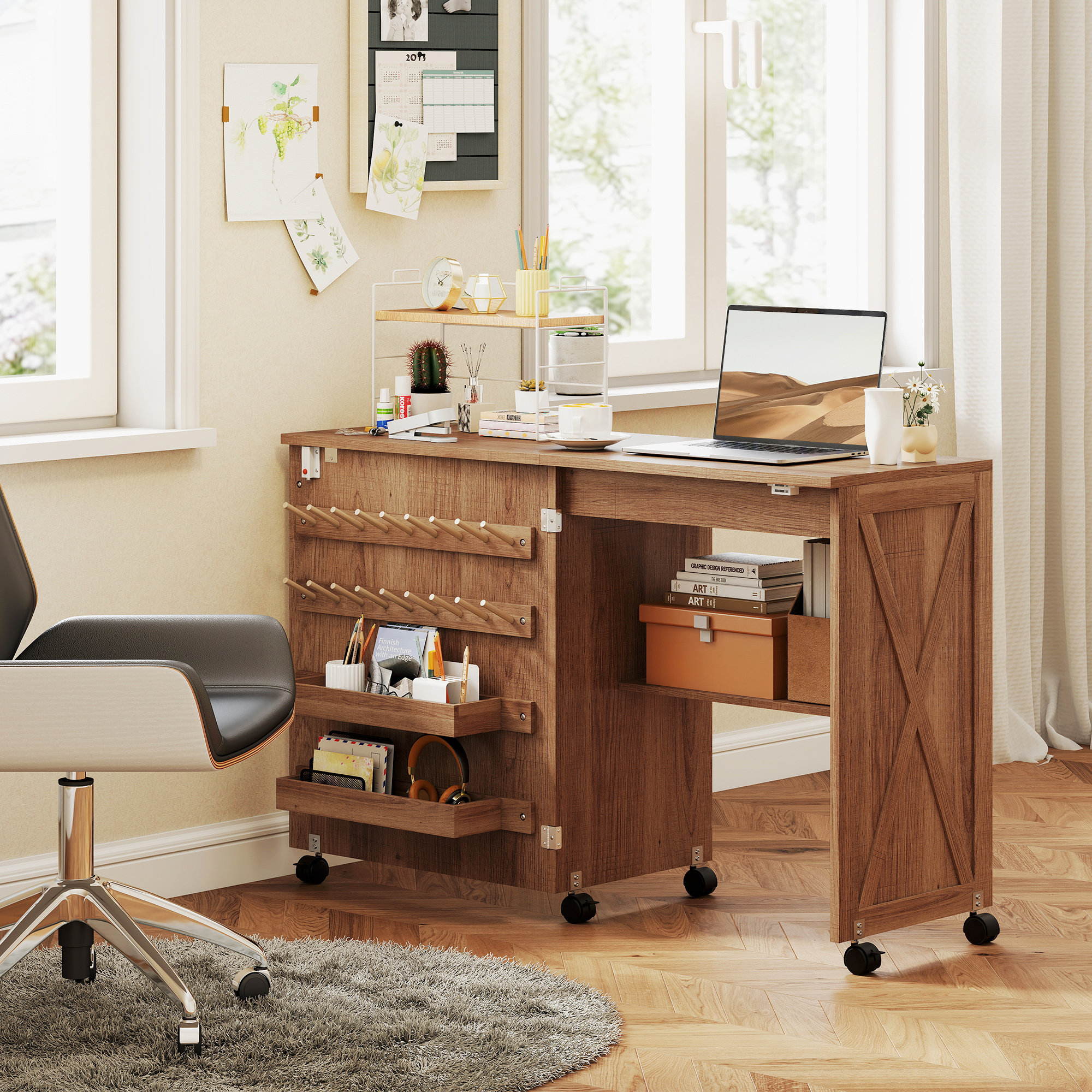 HomCom Folding Sewing Table, Rolling Craft Table with Storage, Brown ...