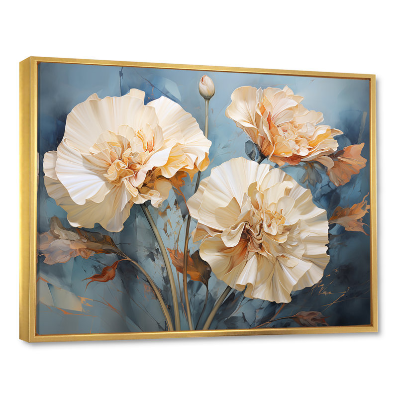 Arrangement d'œillets beige II - décoration murale œillets, H 30 po x l 40 po x P 1,5 po, Cadre flottant doré