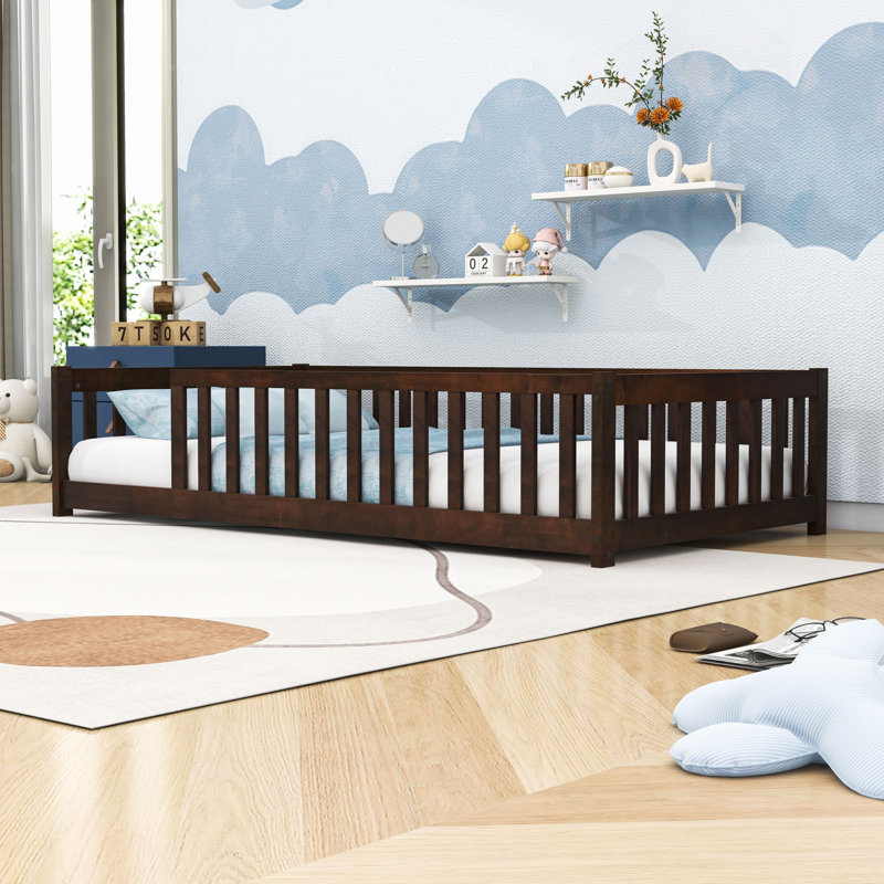 Twin Wooden Floor Bed With Guardrails And Slats, Espresso