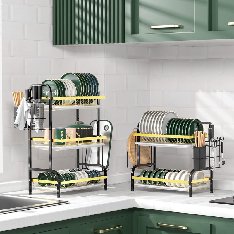 2-Tier Carbon Steel Dish Rack With Removable Drainer Trays - Modern Kitchen Counter Organizer