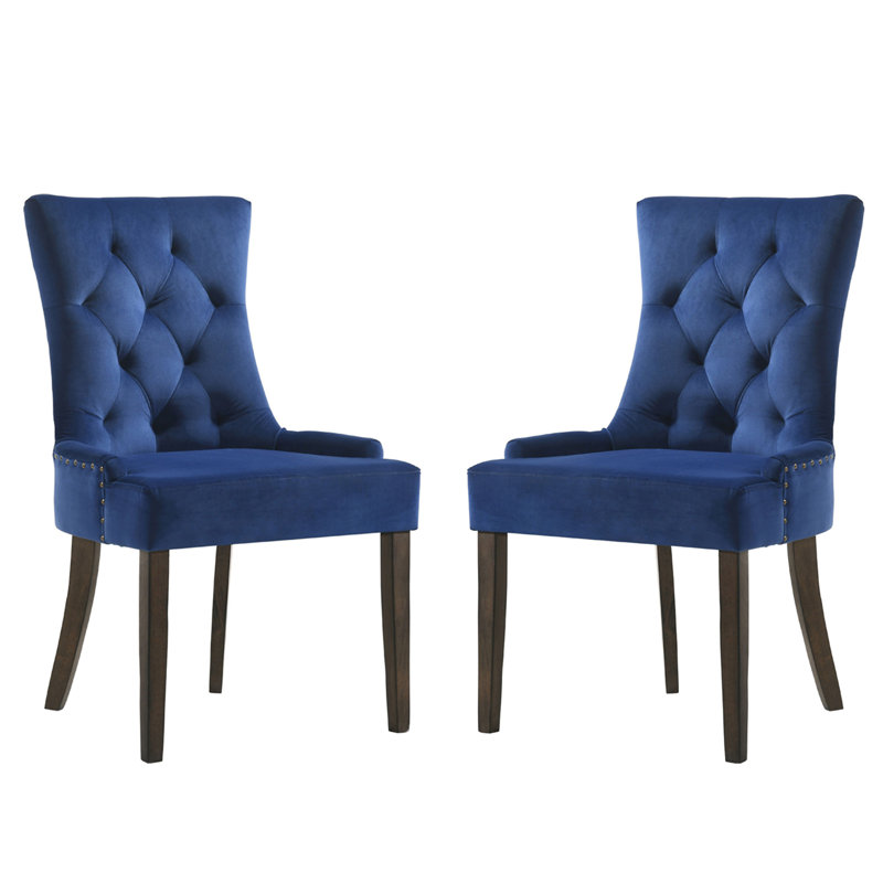 Ensemble de 2 chaises de salle à manger rembourrées en velours, bleu et chêne vieilli, Bleu