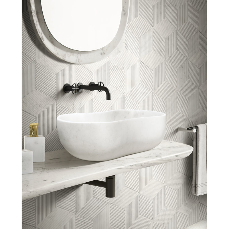 Lavabo vasque de luxe en marbre blanc pour salle de bain, hauteur de 7,1 pouces, conception ondulée, lavabo de salle de bain facile à entretenir, profondeur de 23,6 po