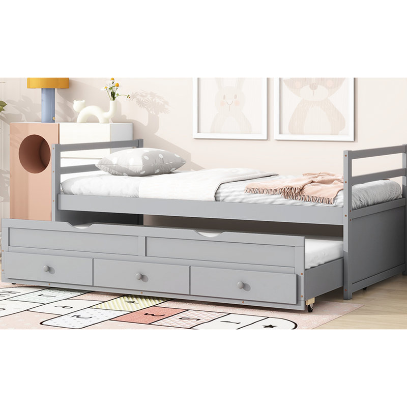 Lit simple gris avec matériaux fiables, tête de lit, lit gigogne et tête de rangement gris et tiroirs fonctionnels, Gris